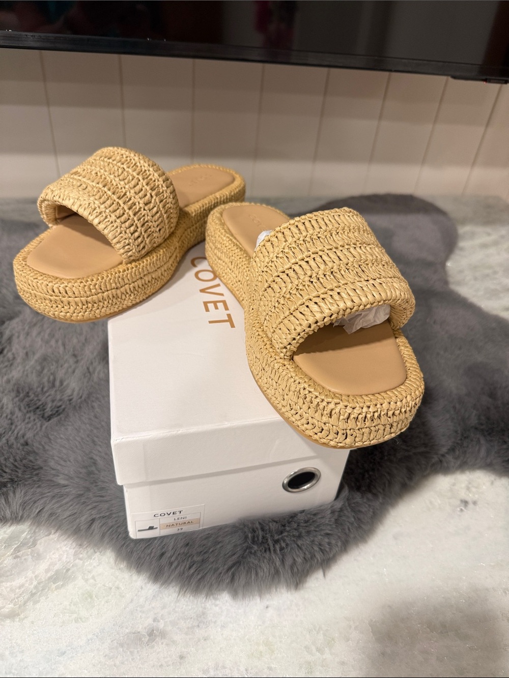 Covet Beige Woven Platform Slide Sandals for Women